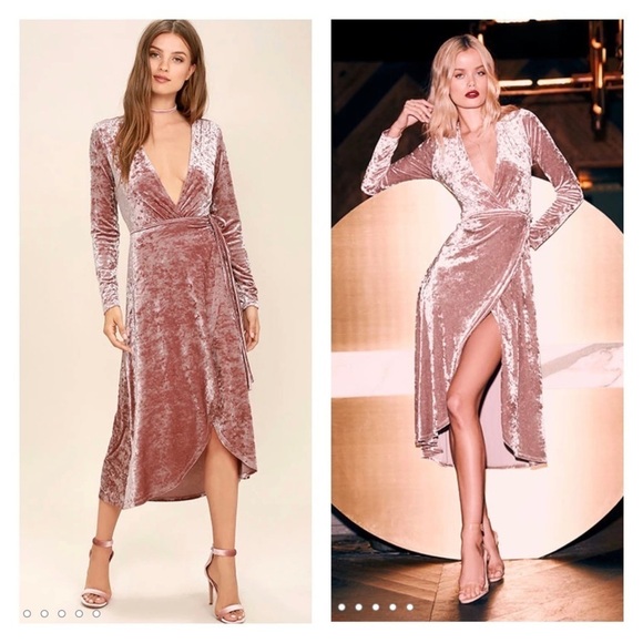 LULU'S Pink Long Sleeve Velvet Deep V Neck Midi Wrap Dress XS - Picture 1 of 9